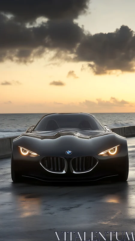 Sunset coastline cruise with a sleek black sports coupe.