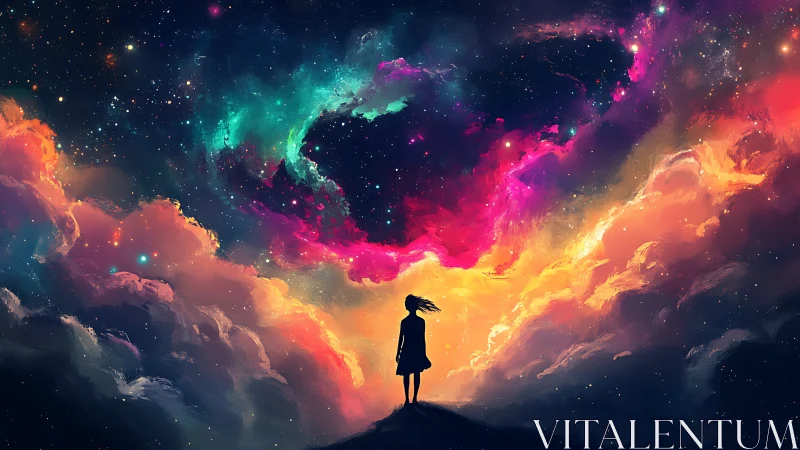 Silhouette of solitary figure beneath multicolored cosmic sky.