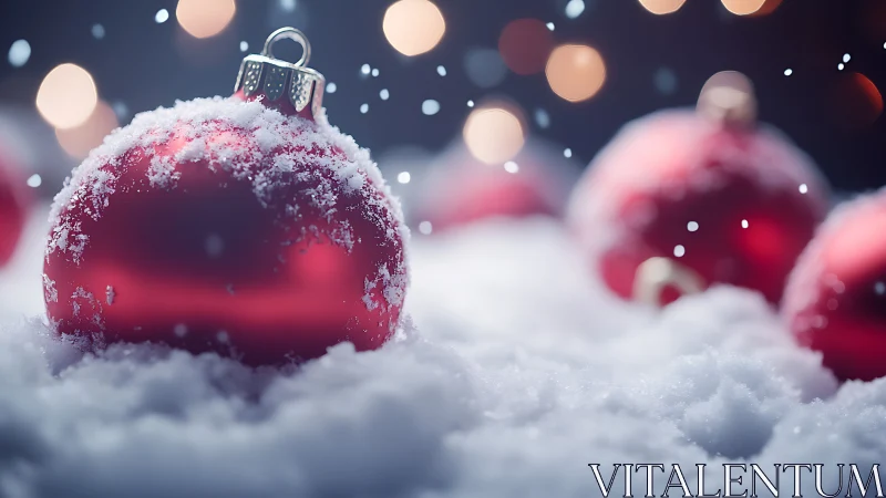 Red baubles in shallow-focus snowy Christmas macro scene.