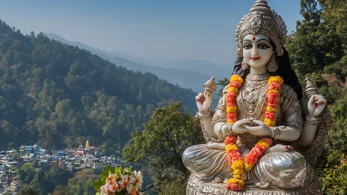 Hindu deity statue with garlands in a forested hillside setting.