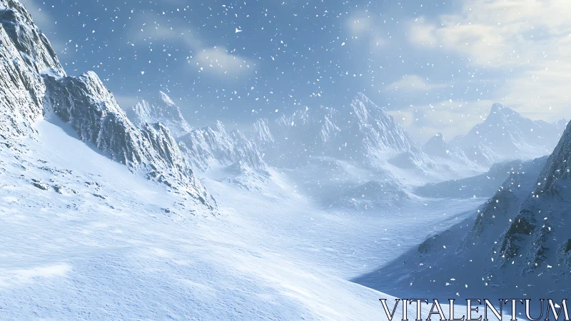Wind-sculpted polar valley under dynamic snowfall and diffuse light