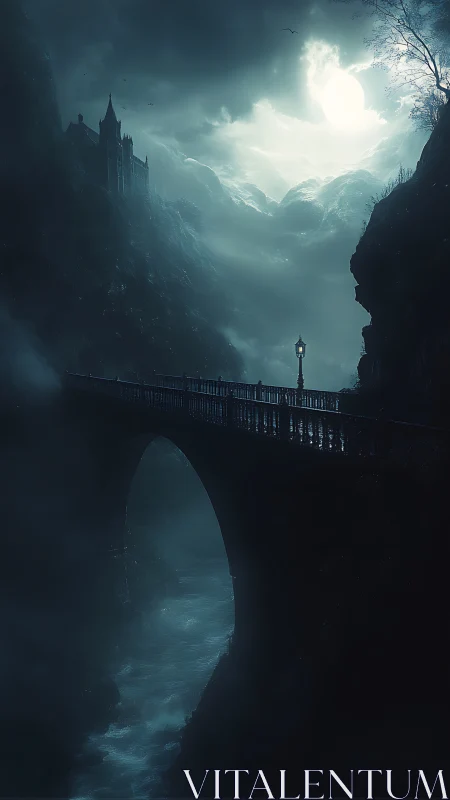 Moonlit gothic bridge spans misty ravine under luminous storm