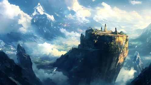 Isolated cliff plateau overlooks distant snowy mountain ranges