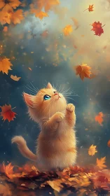 Curious Kitten Chasing Autumn Leaves in Dreamy Wonder.