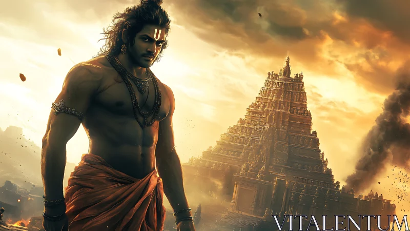 Stormlit warrior saint guarding a blazing golden temple.