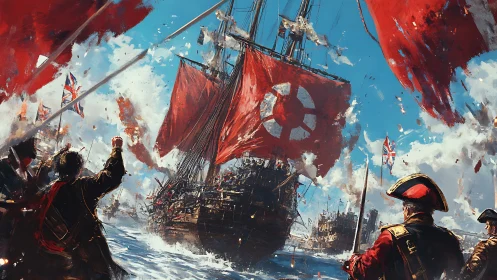 Naval broadside engagement with red-flagged warship under fire.