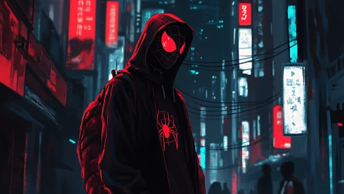 Hooded spider-themed figure in neon-lit urban alleyway.