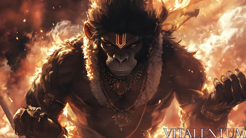 Mythic warrior ape strides through swirling inferno light