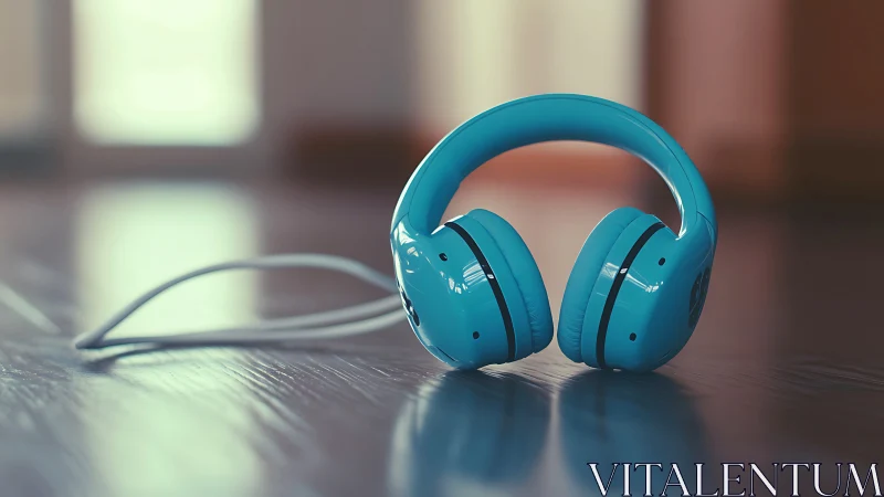 Cerulean headphones cradling quiet beats on polished floor.