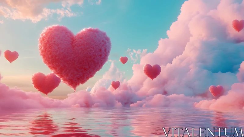 Floating Coral Hearts: Dimensional Fractal Aggregates Suspended in Chromatic Gradient Sky.