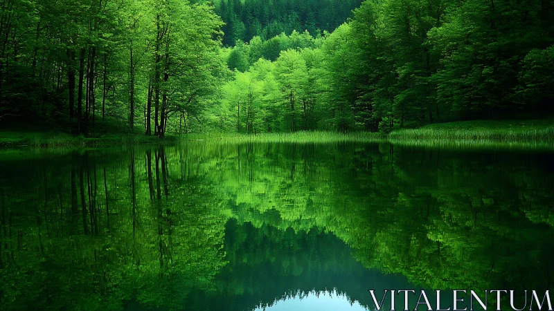 Lush green forest reflected in a calm lake, tranquil nature scene.