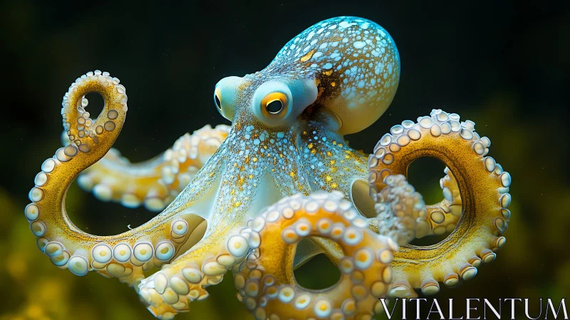 Curious blue-ringed octopus swirling in gentle ocean calm.