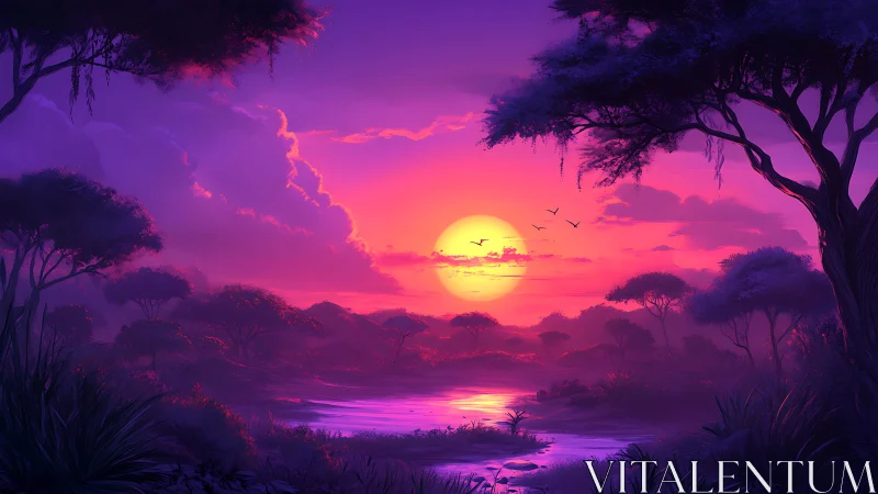 Vibrant digital sunset over tranquil purple savanna river.