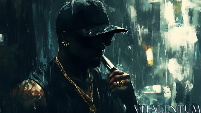 Brooding street figure contemplates danger in neon rain