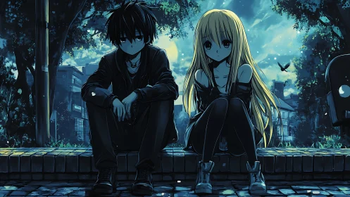 Midnight park bench, two quiet souls sharing city starlight.