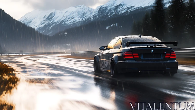 Performance car powers through rainy alpine mountain pass.