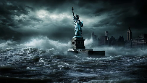Photorealistic storm-surge vision of the Statue of Liberty drowned.