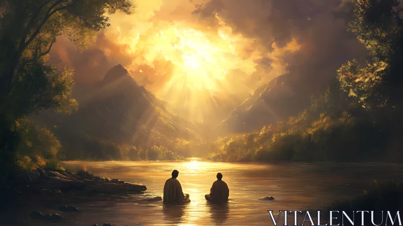 Sunlit river meditation beneath radiant golden heavens.