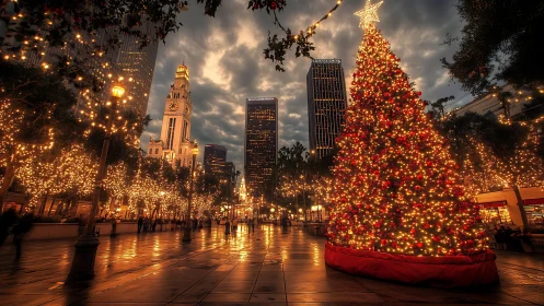 Skyscrapers serenade a glowing city Christmas giant tree.