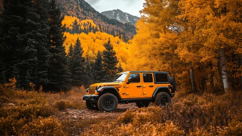 Bright off-road utility vehicle amid saturated autumn forest.