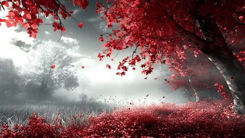 Crimson forest glow in a dreamy silver morning mist.