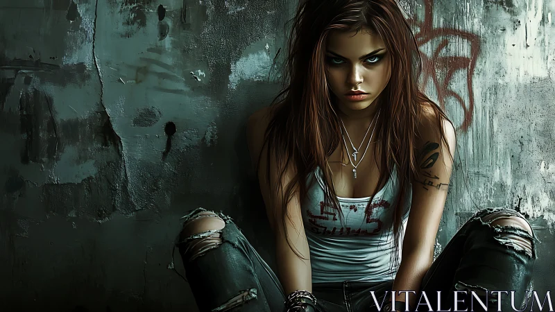 Defiant streetwise girl resting in a moody urban corner.