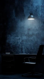 Solitary lamp carves a quiet blue sanctuary above the desk
