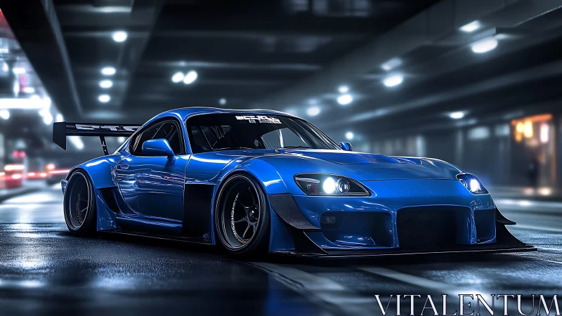 Midnight blue tuner car glowing in a sleek city tunnel.