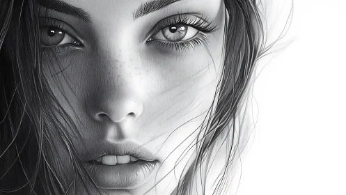 Monochrome close portrait of young woman’s detailed face.