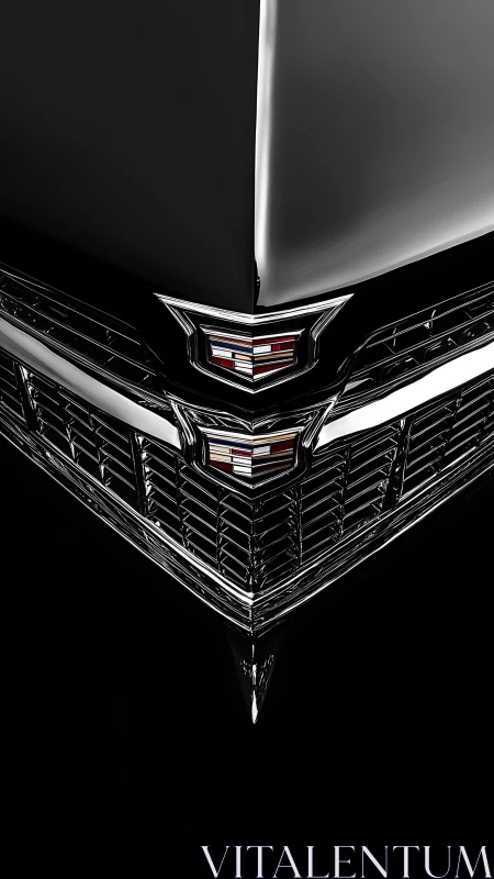 Front view closeup of chrome vintage car grille and emblem.