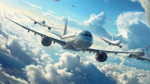 Multiple passenger jets fly in tight formation through clouds