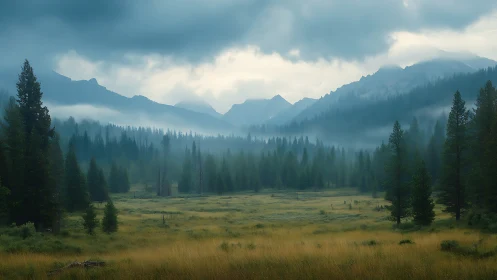 Foggy conifer forest surrounds wide grassy valley at sunrise