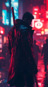 Neon street ronin stalks through rain-soaked cyber city night.