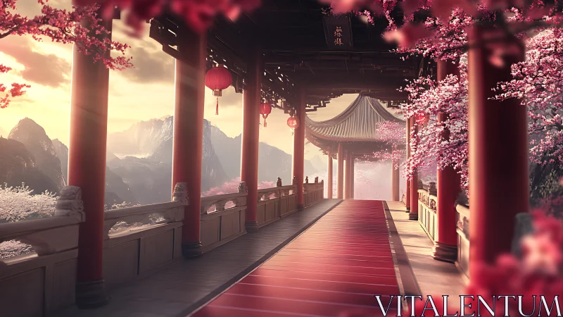 Sunlit cherry blossom temple corridor overlooking mountains.