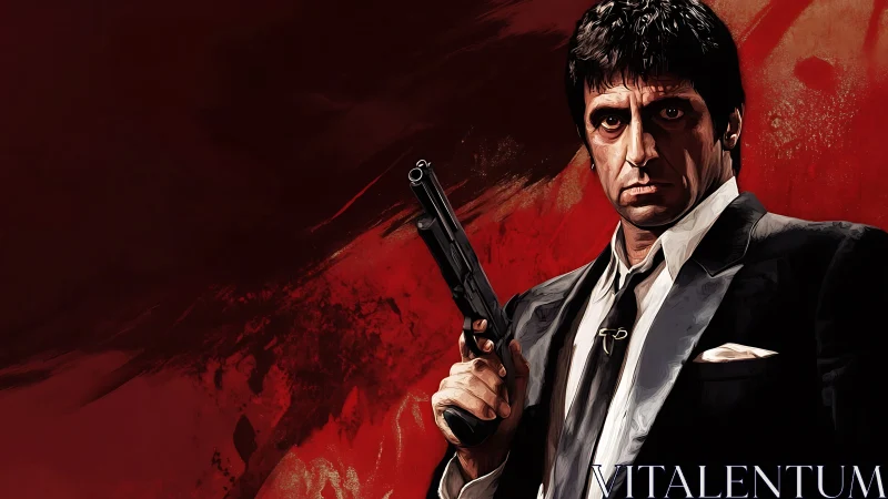 Man in dark suit holding handgun against red abstract backdrop.