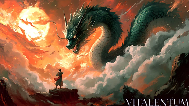 Hero meets sky dragon in a fiery, cloud-lit fantasy sky.