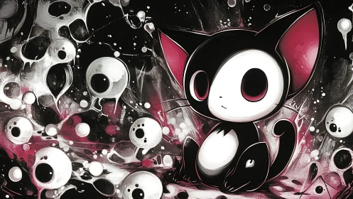 Cute void cat amid cosmic dripping eyeball nebulae.