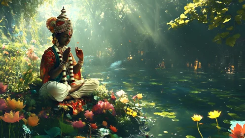Divine figure meditates beside sunlit lotus forest pond