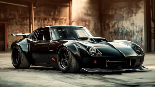 Widebody black sports coupe is parked in an empty warehouse