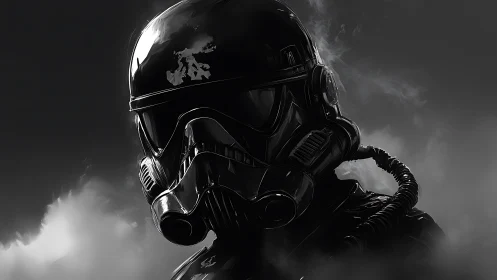 Monochrome armored pilot portrait in cinematic chiaroscuro digital painting.
