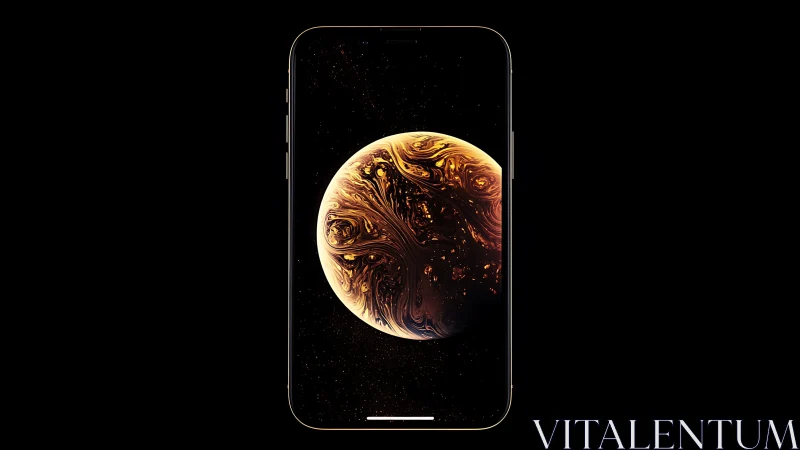 Molten aurora planet glows inside sleek midnight smartphone.