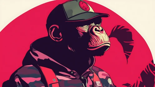 Stylized gorilla portrait wears streetwear against bold red sun.