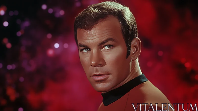 Portrait of male officer against red cosmic bokeh field.