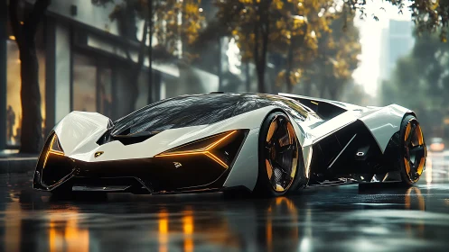 Futuristic white supercar on wet city street at dusk.