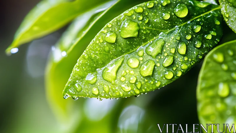 Macro study of dew-laden green foliage in shallow focus.
