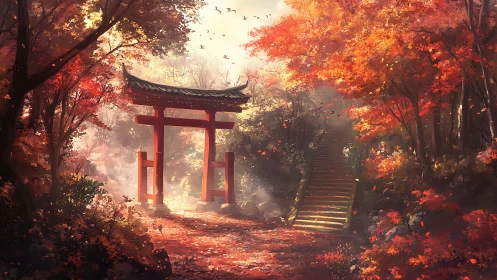 Sunlit torii gate welcomes autumn path to tranquil shrine
