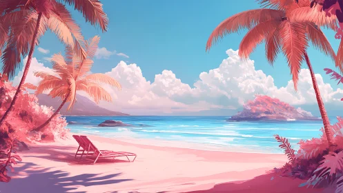Tropical Paradise Beach with Pink Palms and Azure Waters.