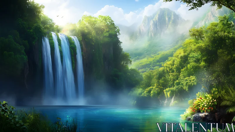 Tropical waterfall plunges into misty turquoise lagoon