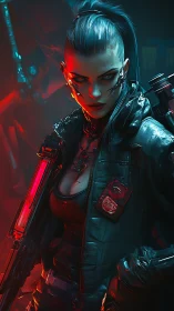 Cybernetic soldier stands in red-blue lit urban environment