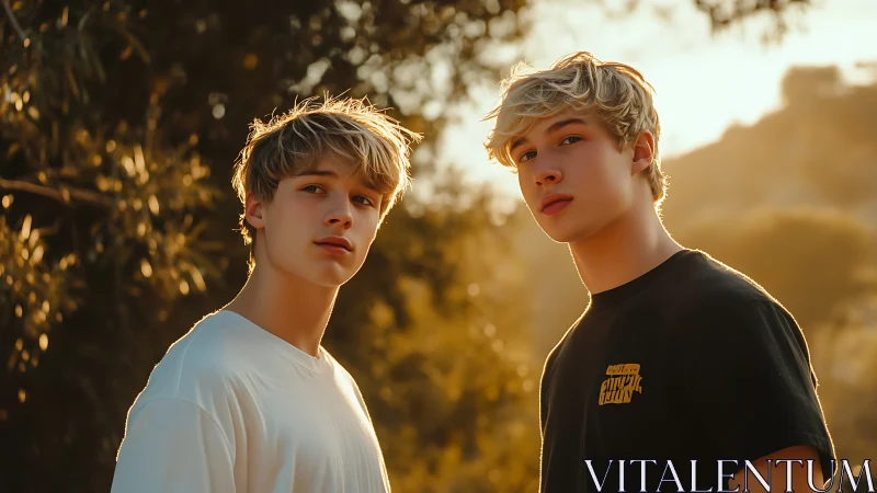 Golden hour portrait of two blond teenage boys outdoors.